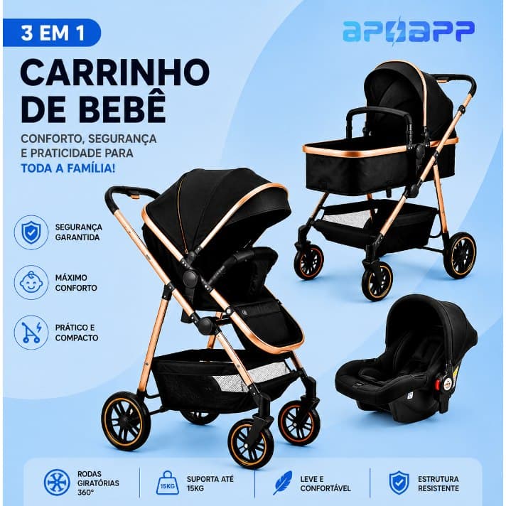 Carrinho de Bebê Completo 3 em 1 Apoapp com Moisés e Bebê Conforto - Modelo Europeu Luxo